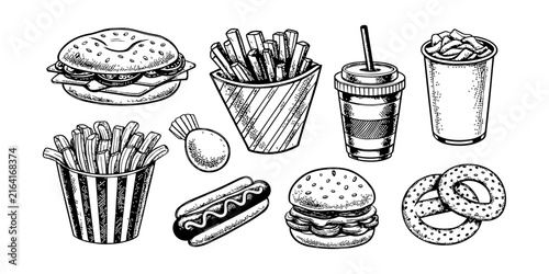 Fast Food Sketch Set Hand Drawn Vector Illustration