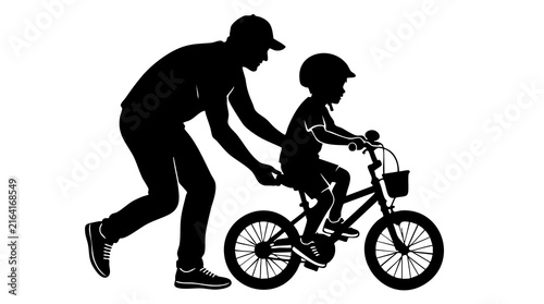 Caring father silhouette helping his young son learn to ride a bicycle in this minimalist black and white vector illustration design featuring a supportive parent guiding a child on wheels.