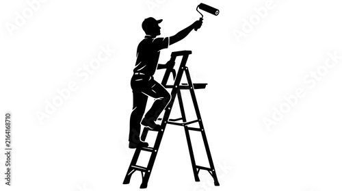 Professional house painter silhouette isolated on a plain white background stands on a tall sturdy ladder while using a handheld roller tool to paint a wall surface with artistic precision.