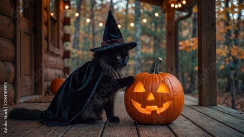 Black cat in witch costume sitting by glowing jack o lantern on wooden porch