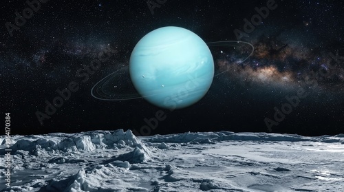 Uranus and its Rings in the Cosmos: A breathtaking view of the icy blue planet Uranus, adorned with its delicate ring system, floating serenely in the vast expanse of space.