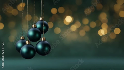 Festive Green Christmas Ornaments Hanging with Bokeh Lights