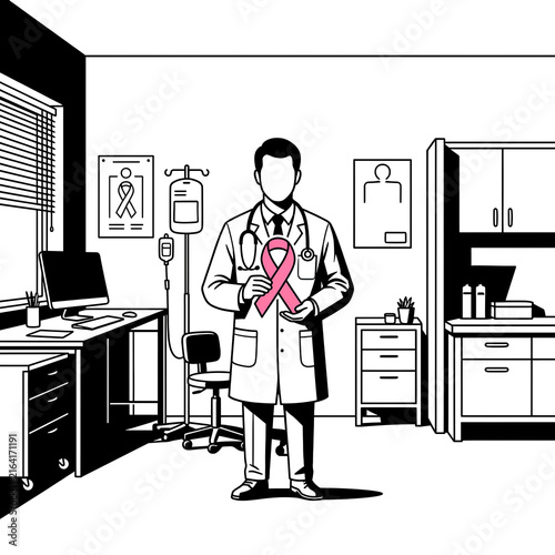 Doctor Holding Pink Ribbon Symbol in Medical Office.