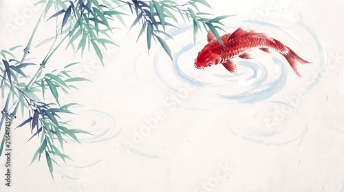 Japanese Watercolor Painting of Red Koi Fish Swimming Beneath Bamboo Branches