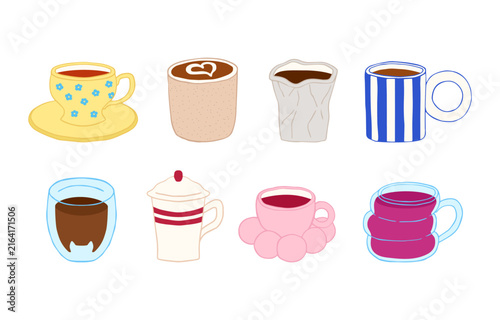Collection of colorful hand-drawn coffee and tea cups, mugs, and glassware icons set. Vector illustration of beverage containers