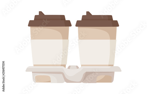Two takeaway coffee cups in a cardboard carrier, isolated on a white background. Perfect for coffee shop branding, cafe menus