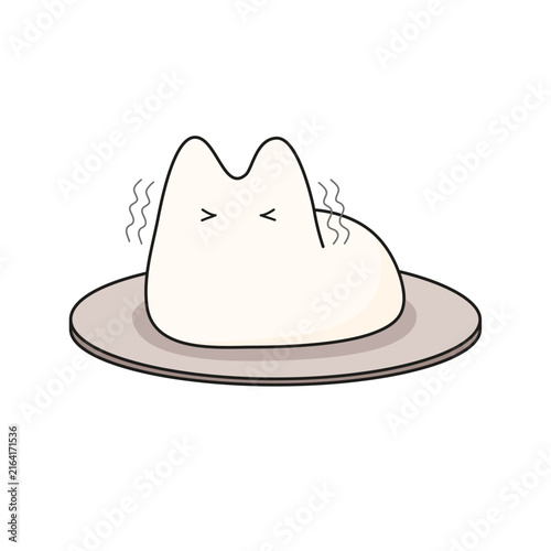 Cute doodle illustration of white jiggly cat dessert, trendy korean pudding. Jelly mousse cat shape flat illustration