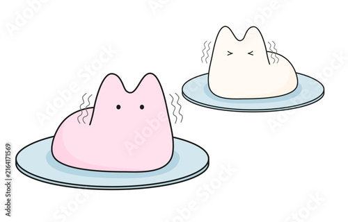 Cute illustration of a jiggly cat dessert, a trendy Korean pudding in pink and white