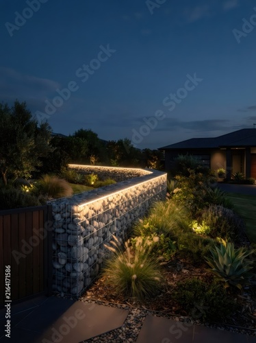 Modern house with illuminated stone retaining wall and drought tolerant garden at dusk. Contemporary landscape architecture with outdoor lighting and native planting.
