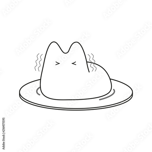 Outline doodle illustration of a white jiggly cat dessert, trendy korean pudding. Jelly mousse cat shape flat illustration