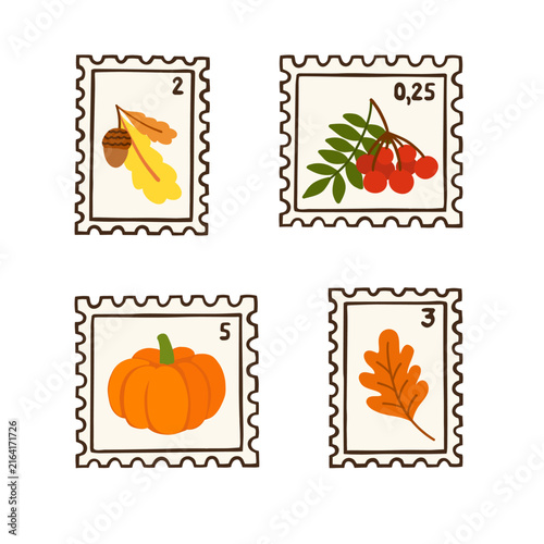 Set of four hand-drawn autumn postage stamps featuring seasonal elements. Cute doodle illustration