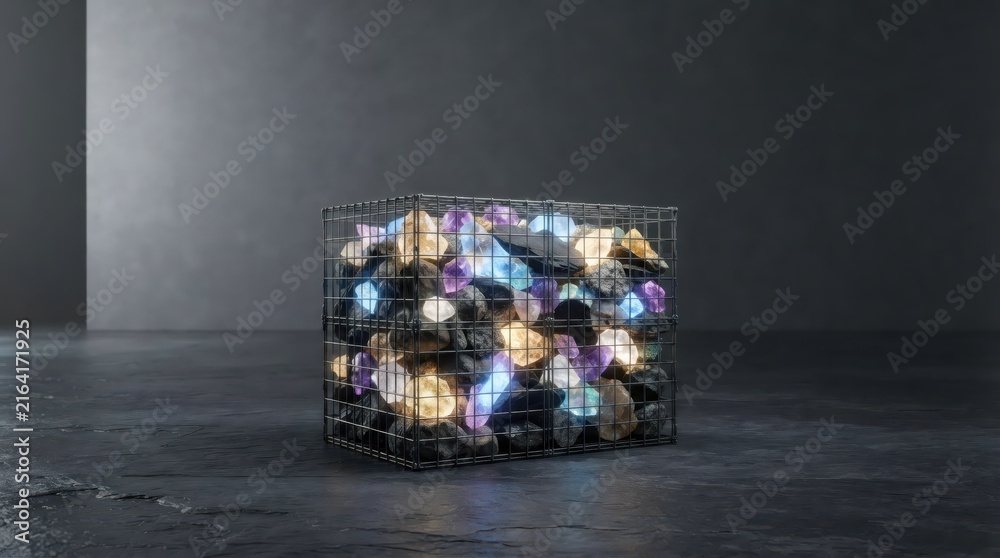 Obraz premium Glowing multicolored stones confined inside a metal cage. Symbolic concept of creativity, potential, restriction, emotional pressure, and freedom in a dark industrial setting.