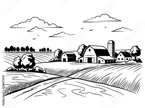 Rural farmhouse with barn and silo on winding road