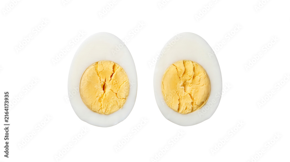 Fototapeta premium Two Hard Boiled Egg Halves Sliced Open with Yellow Yolk Isolated Element Cutout Design Asset PNG