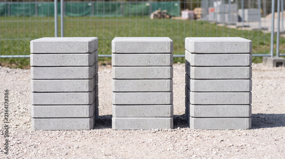 Fototapeta premium Gray concrete paving blocks stacked in three columns on gravel at a construction site outdoor