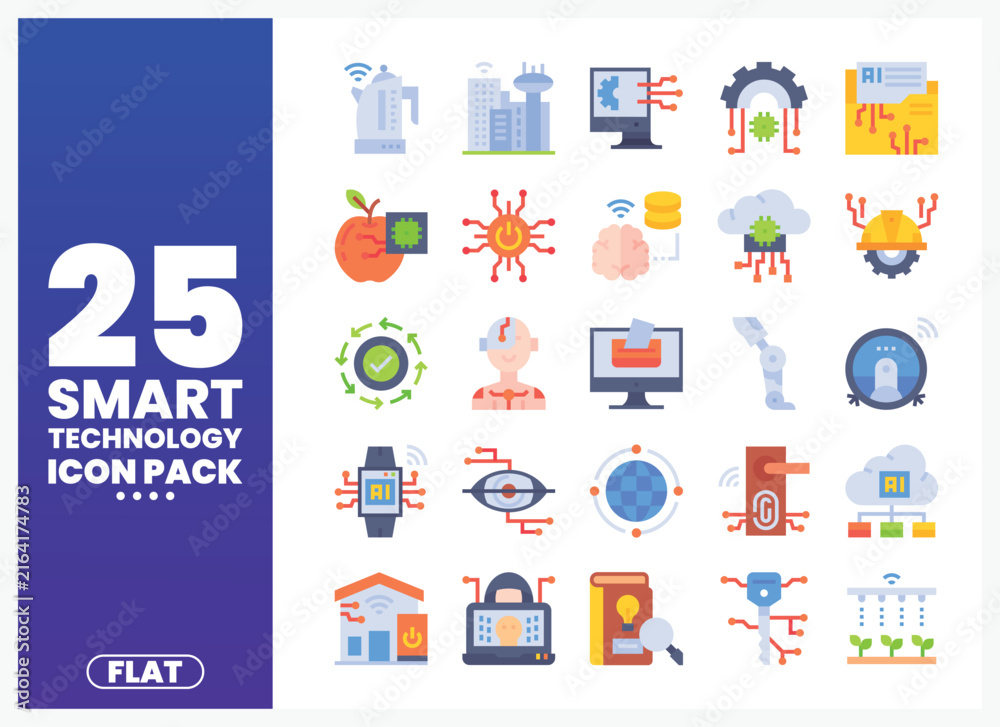 Naklejka premium Flat icons illustrating smart technology and artificial intelligence concepts
