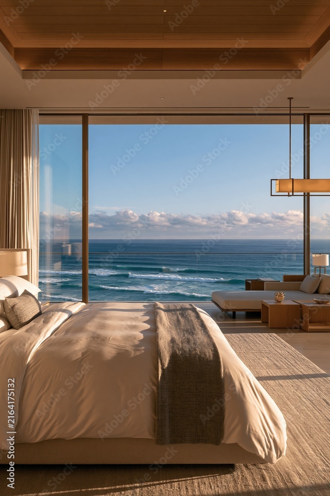 Fototapeta premium Luxury bedroom with ocean view