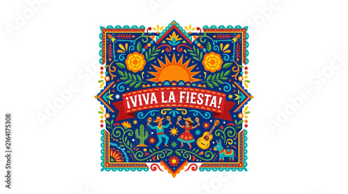 Vibrant Mexican Fiesta Celebration Illustration with Festive Folk Art