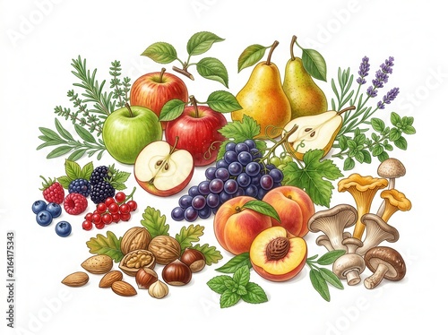 Assorted fresh fruits and nuts collection illustration