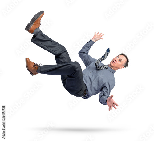 Принти на полотні Businessman in shirt, trousers and tie falling through the air, isolated on transparent background, symbolizing failure, crisis, risks, loss of control, career setback and uncertainty chaos