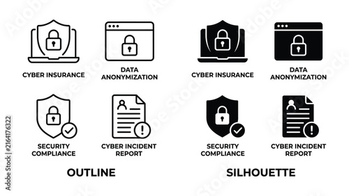 Cyber Security Icons: A collection of outline and silhouette icons representing cyber insurance, data anonymization, security compliance, and cyber incident reports.