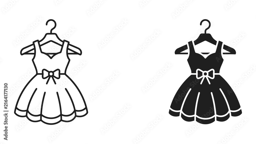 Fototapeta premium Little girl dress on hanger outline and solid icons with clothing, wardrobe