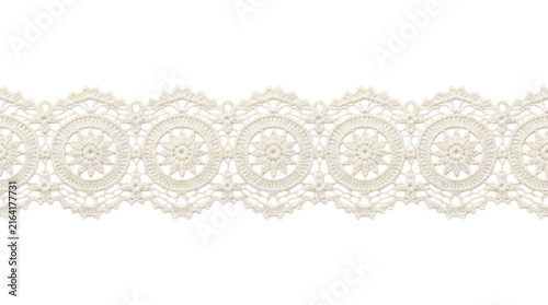 Horizontal cream floral crochet lace trim border on white background