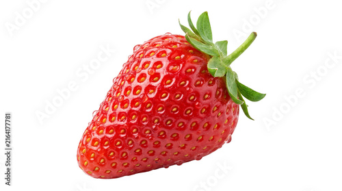 Fotografie Fresh Ripe Red Strawberry Fruit with Water Droplets Isolated on Transparent Back