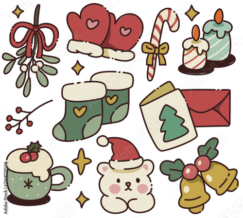 Vintage Hand Drawn Christmas Doodle Element with Candle, Candy Cane, and Greeting Card