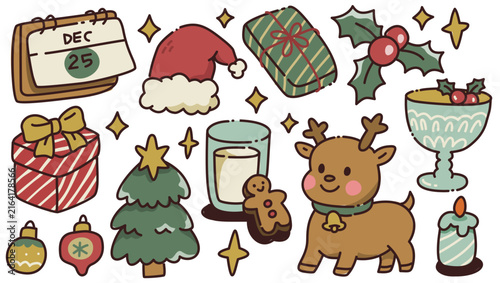 Vintage Hand Drawn Christmas Doodle Element with Santa Hat, Reindeer, Christmas tree and Gift Box