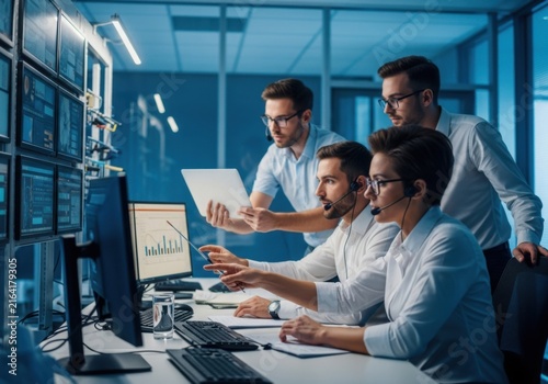 Diverse Team Collaborating Around Computer Screens in Modern Office