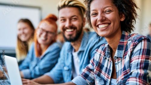 Diverse smiling professionals collaborating in a bright office setting