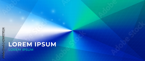 Dynamic blue geometric gradient background with radiant light, triangular shapes and cyan green color transitions. Futuristic digital backdrop for technology, banners, presentations, tech Innovations