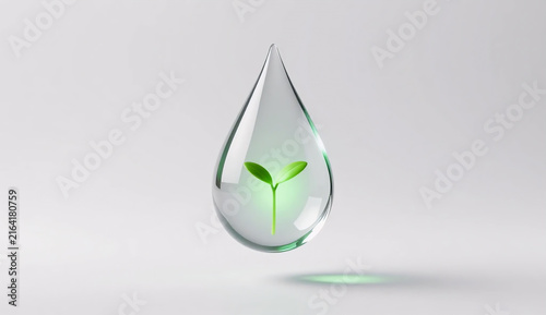 Future ecology responsibility: crystal glass teardrop with glowing emerald sprout core