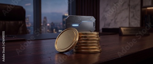 Digital hardware wallet resting atop stack of gold coins on wooden executive desk for secure cryptocurrency wealth storage and management