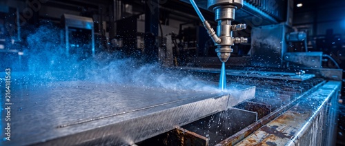 Industrial waterjet cutting machine uses high pressure stream of water mixed with abrasive particles to slice through thick metal sheet