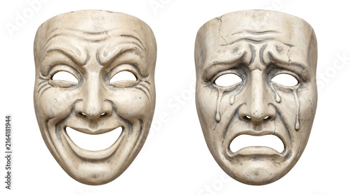 Comedy and Tragedy Drama Theater Masks Set, Vintage Greek Acting Emotion Concept Cutout PNG Asset