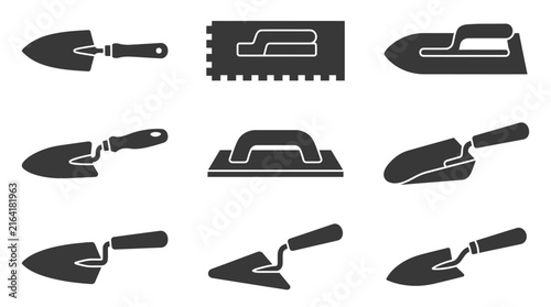 Masonry trowels and construction finishing tool silhouettes.