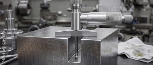 Precision micrometer depth gauge measuring silver metal block groove on workbench in modern mechanical engineering calibration workshop