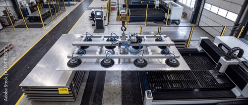 Industrial gantry crane with vacuum lifter attachment holding large silver sheet metal plate above laser cutting machine in warehouse