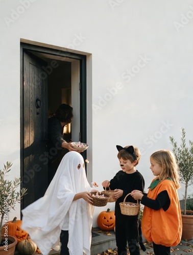 Children in simple costumes at a front door collecting sweets on Halloween