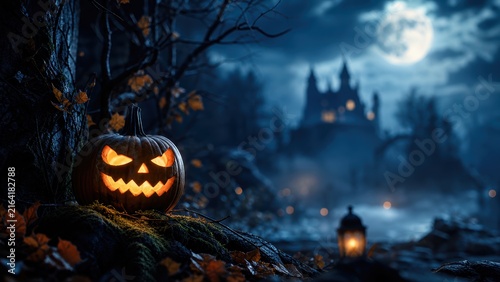 Glowing jack o lantern in dark enchanted forest with haunted castle and full moon