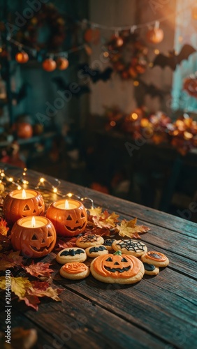 Halloween cookie and pumpkin candle display on rustic wooden table with lights