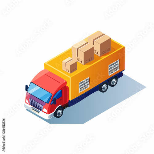 Illustration of a red and orange delivery truck with cardboard boxes on top in isometric view