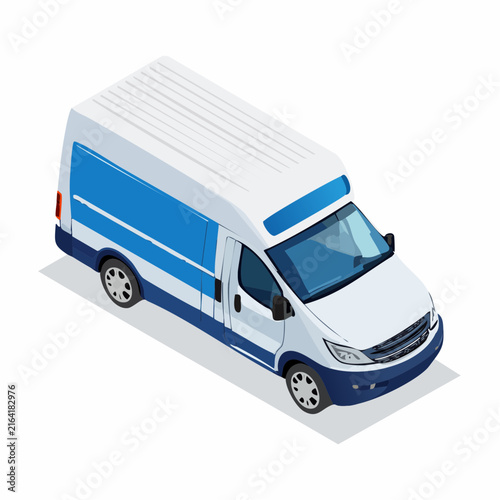 White delivery van with blue stripes and tinted windows in isometric view