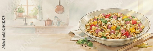 A national dish of Italian cuisine. 
Pasta fredda con prosciutto — a dish made with short pasta, cubes of ham, cheese, and vegetables, dressed with olive oil or sauce. A banner with space for text. 