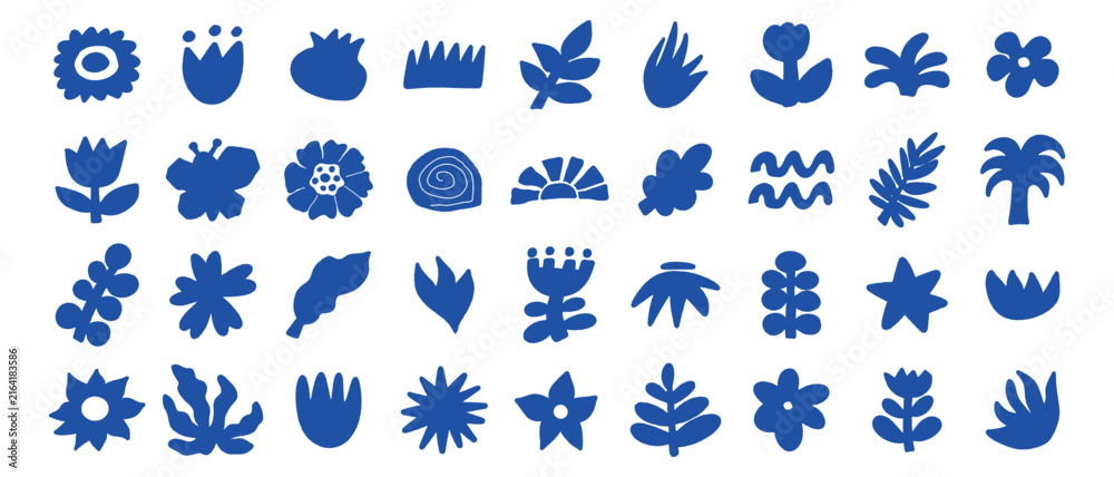 Fototapeta premium Naive organic shapes hand drawn collection. Floral cute doodle elements.Trendy shape silhouette, minimalist abstract form, vector set.