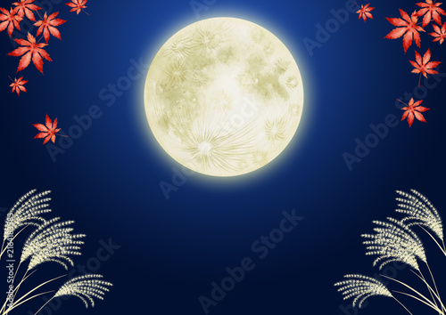 Plakat 十五夜 お月見 背景 夜空 もみじ 水彩 イラスト