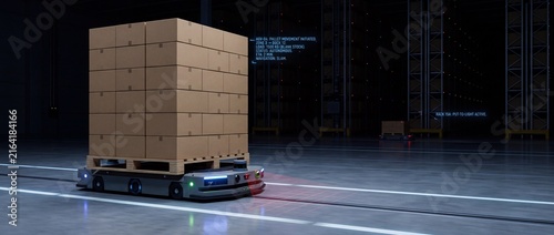 Automated guided vehicle transports pallet of cardboard boxes on a warehouse floor with robotic automation and intelligent navigation