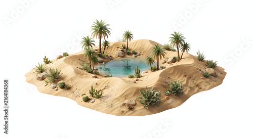 Desert oasis island with water pond palm trees and cacti isolated on white background.